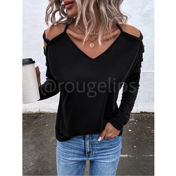 Strappy Cold Shoulder Black Long Sleeve Tee Shirt V-Neck - Picture 3 of 8